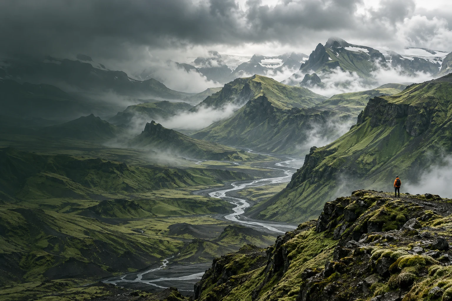 Groene bergkammen en een wandelaar in een uitgestrekt mistig IJslands landschap